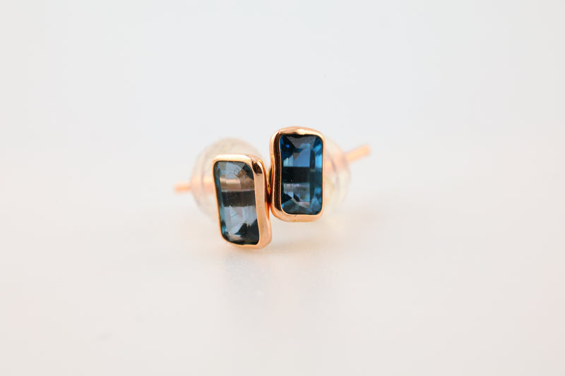 London Blue Topaz Earrings Rectangle 14k Gold