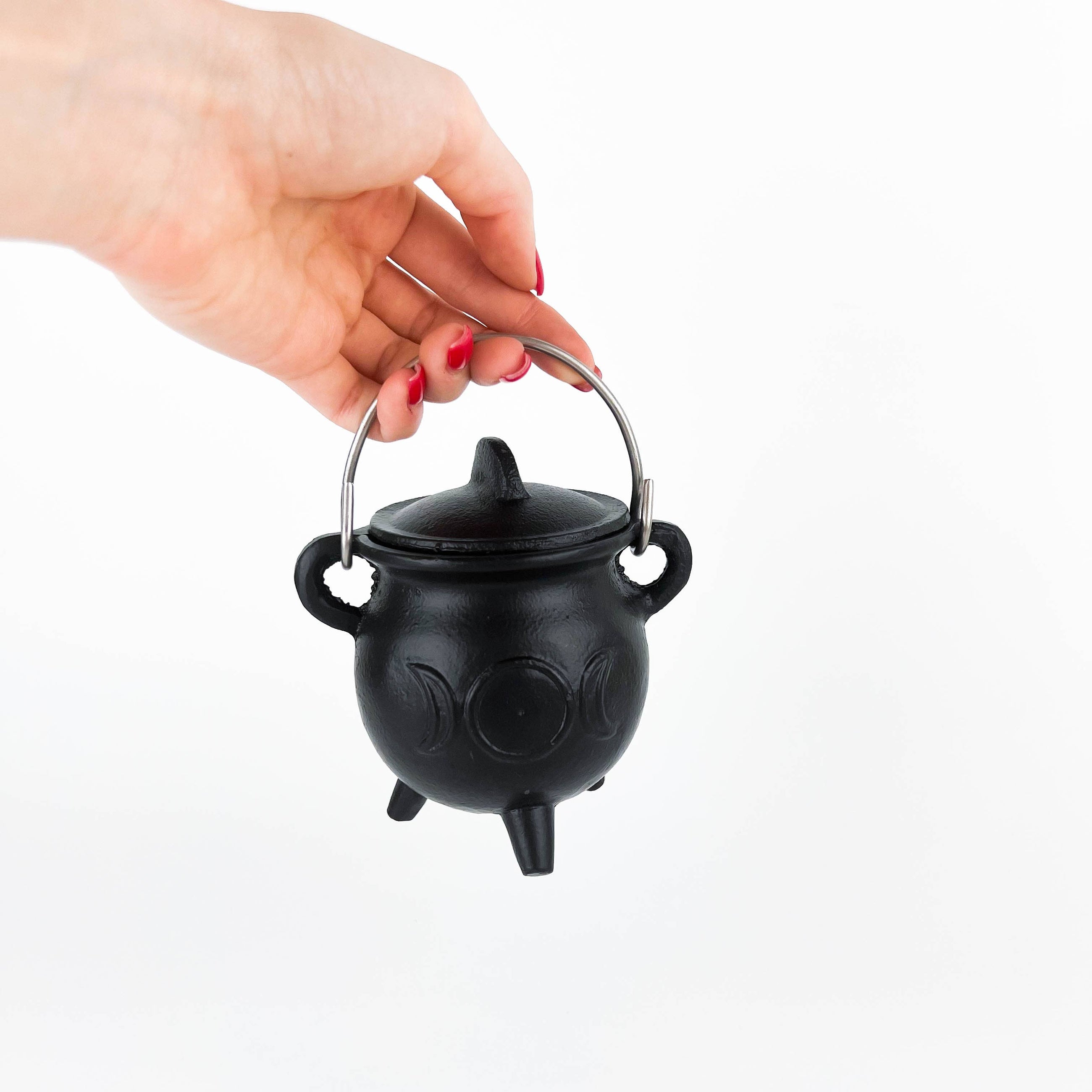 TRIPLE MOON Cast Iron Cauldron with Lid 4.5"D 4.25"H